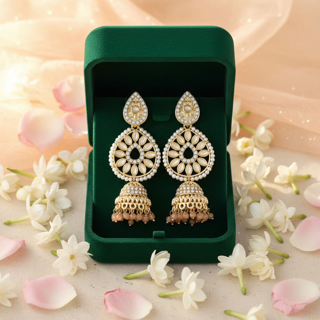 White Cream Crystal Chandbali Jhumki Earrings - Green Velvet Box