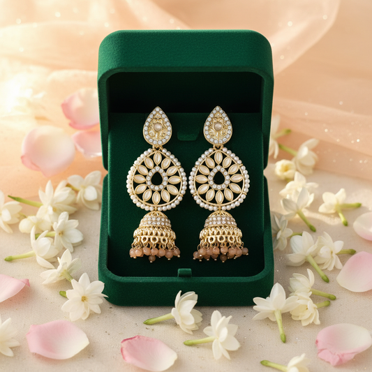 White Cream Crystal Chandbali Jhumki Earrings - Green Velvet Box