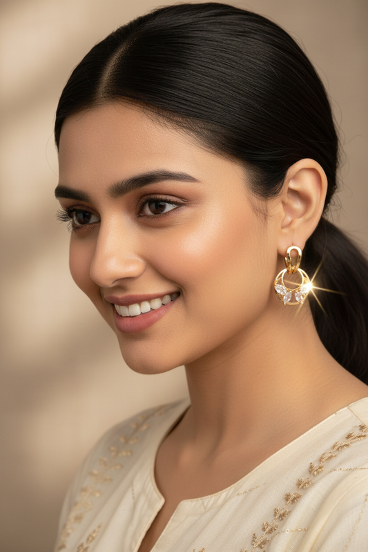 American Diamond CZ Circle Drop Earrings - Model