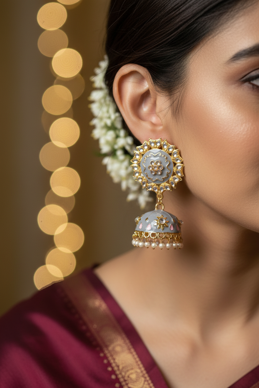 Grey Meenakari Kundan Jhumki Earrings - close-up on model wine saree