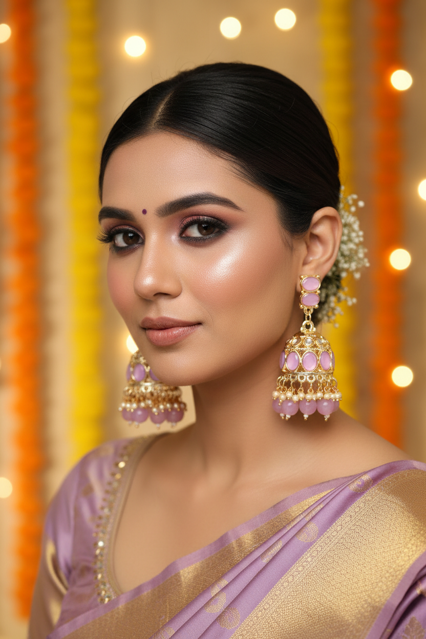 Lilac Kundan Hoop Jhumki Earrings - Model Festive