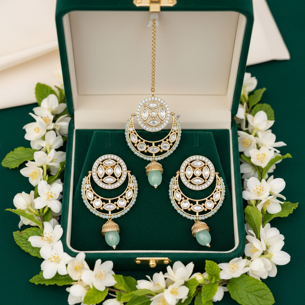 Mint Aqua Kundan Chandbali Set - Green Velvet Box