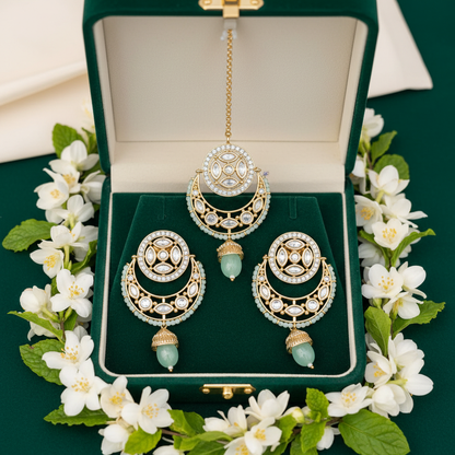 Mint Aqua Kundan Chandbali Set - Green Velvet Box