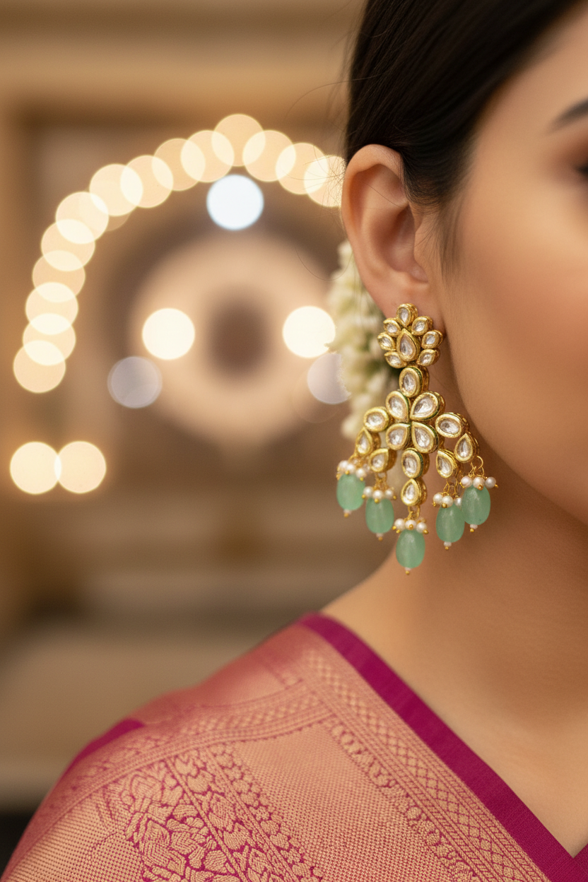 Mint Kundan Earrings - earring close-up on model