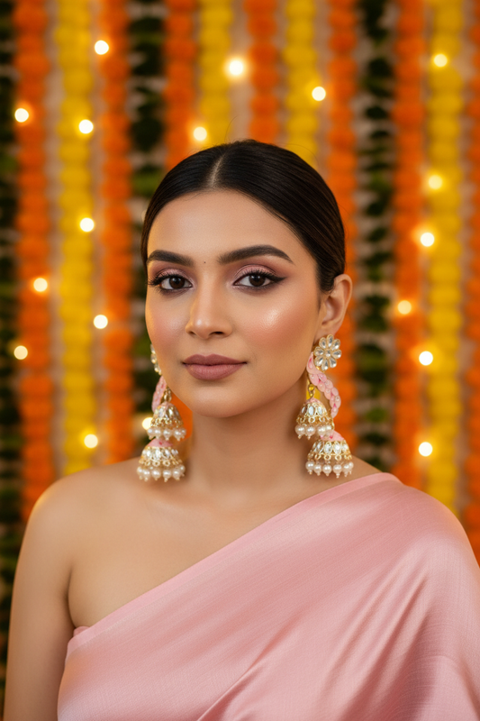 Pink Meenakari Peacock Triple Jhumki Earrings - Model Festive