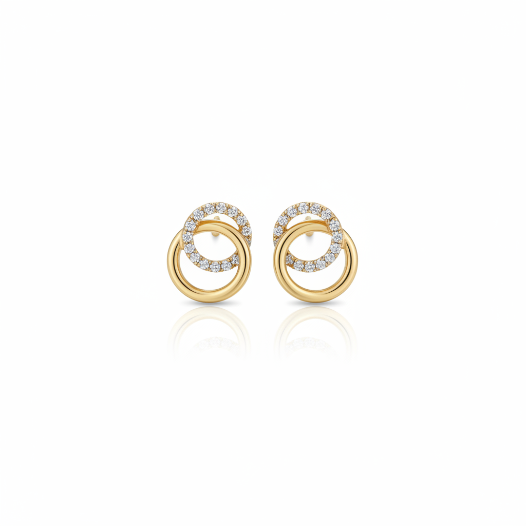 Gold CZ Double Circle Interlocked Stud Earrings - Earrings Only