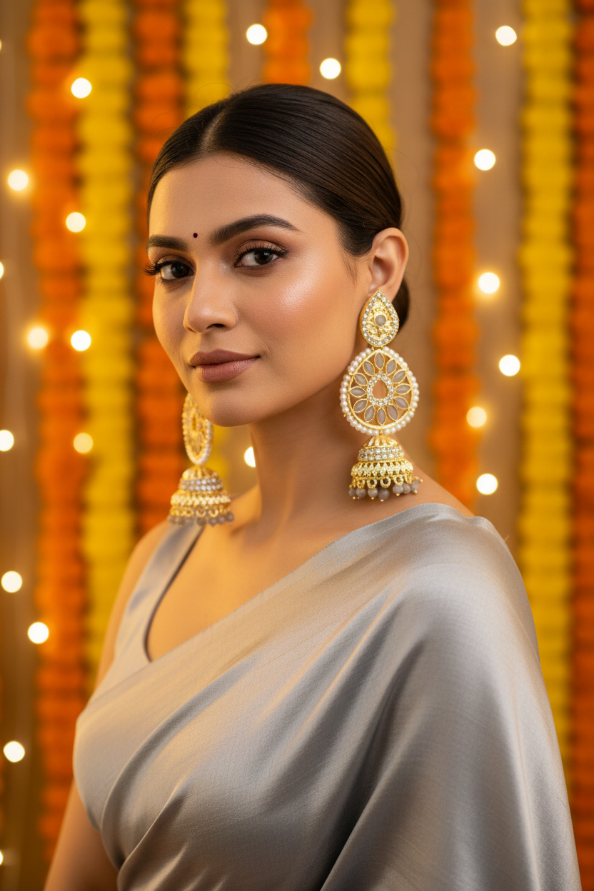 Grey Crystal Chandbali Jhumki Earrings - Model Festive