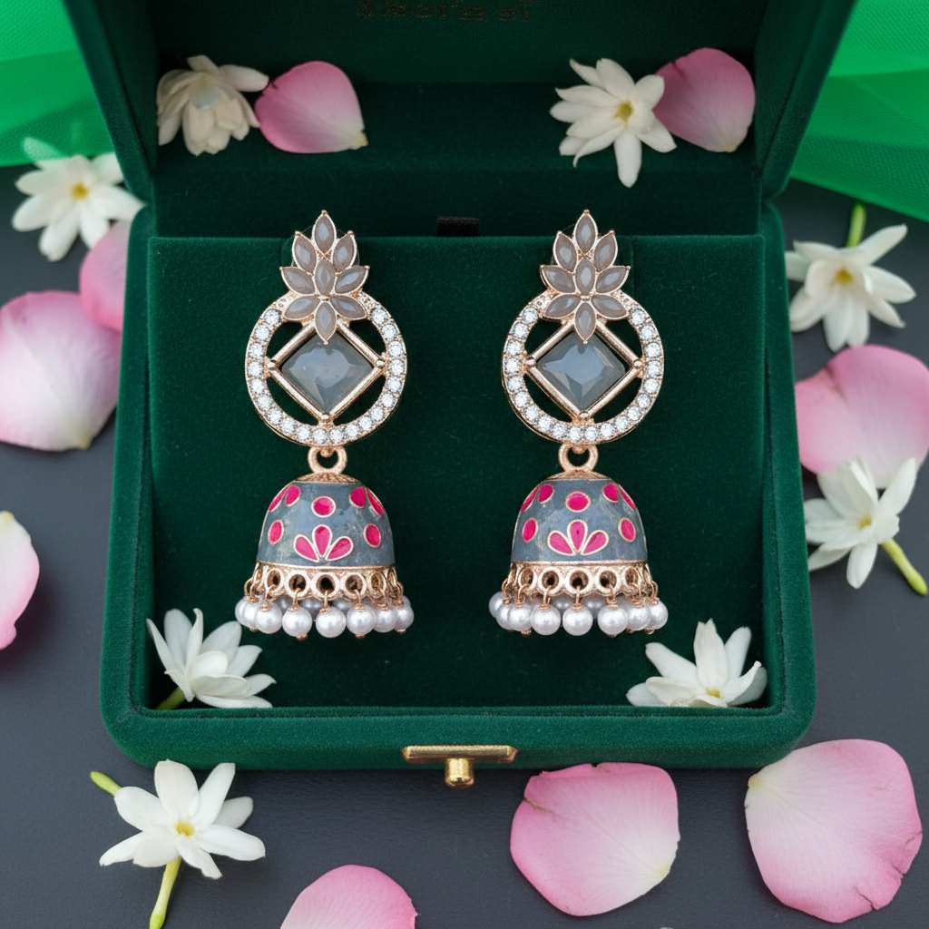 Grey and Pink Meenakari Lotus Jhumki Earrings - Green Velvet Box
