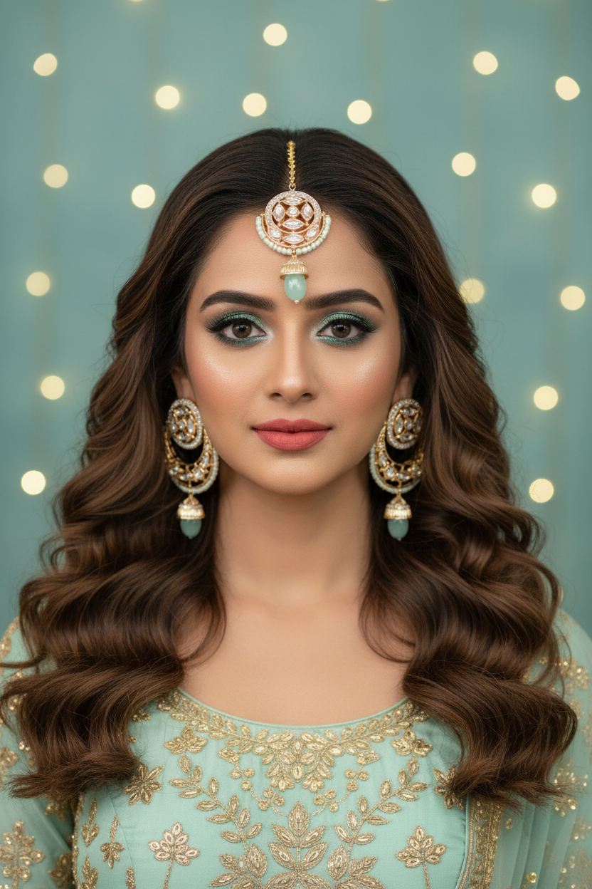 Mint Aqua Kundan Chandbali Set - Model