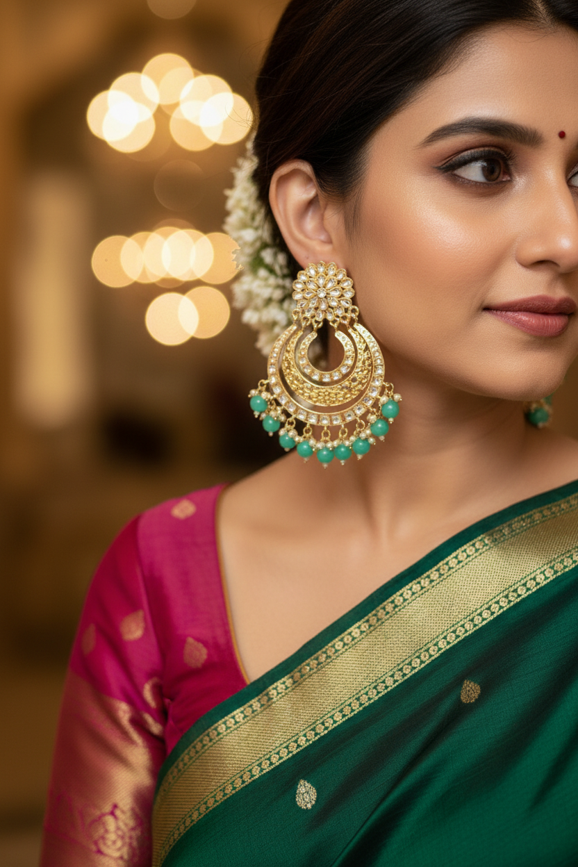Turquoise Designer Chandbali Earrings - earring close-up on model