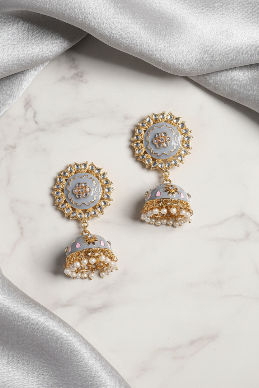 Grey Meenakari Kundan Jhumki Earrings - marble flat lay