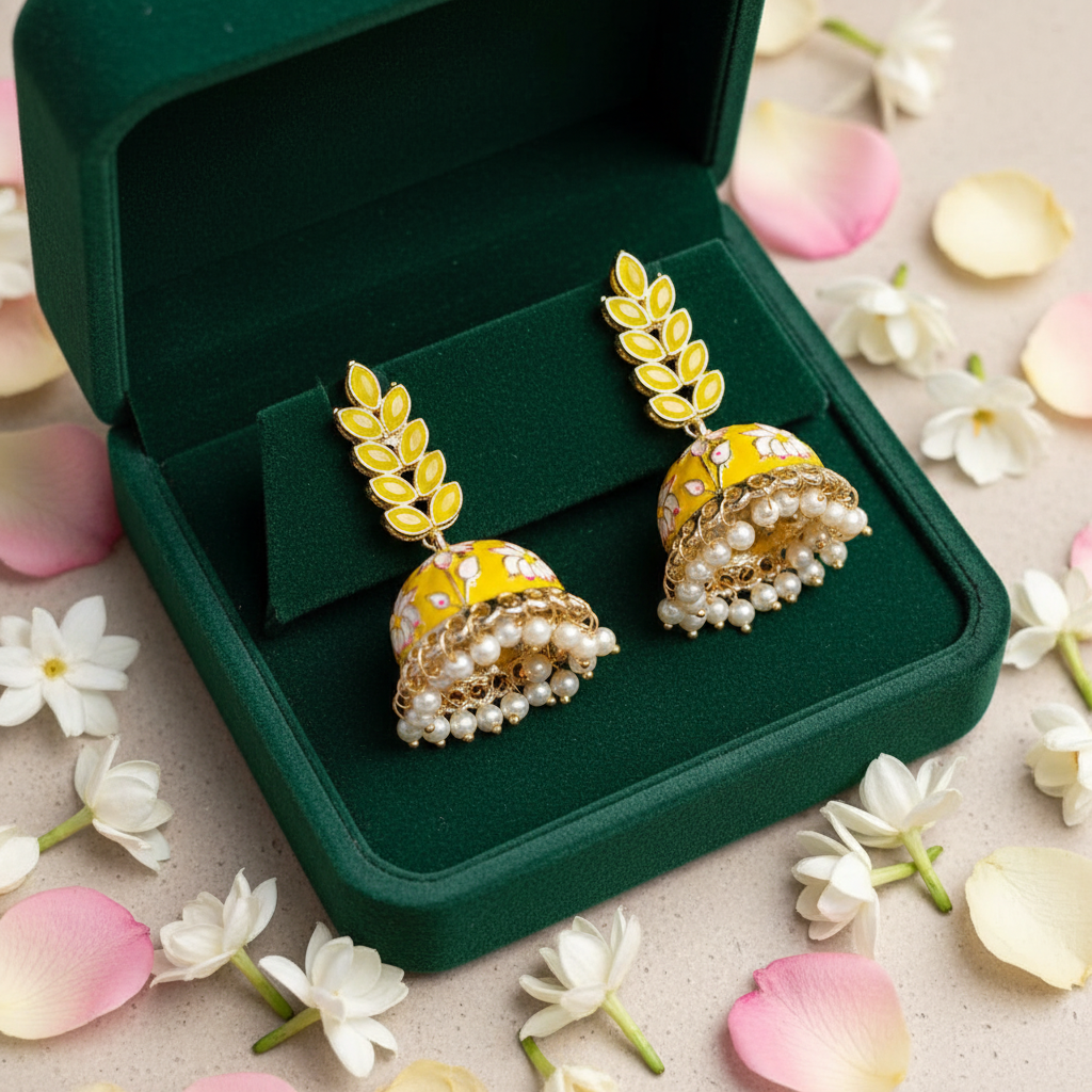Yellow Meenakari Jhumki Earrings - Velvet Box