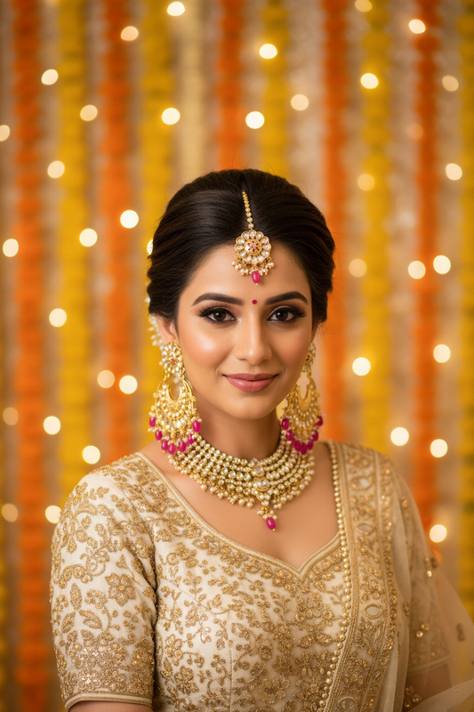 Pink Kundan Chandbali Earrings - bridal model in ivory lehenga