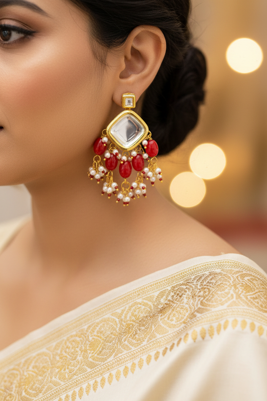 Red Designer Earrings - earring close-up on model