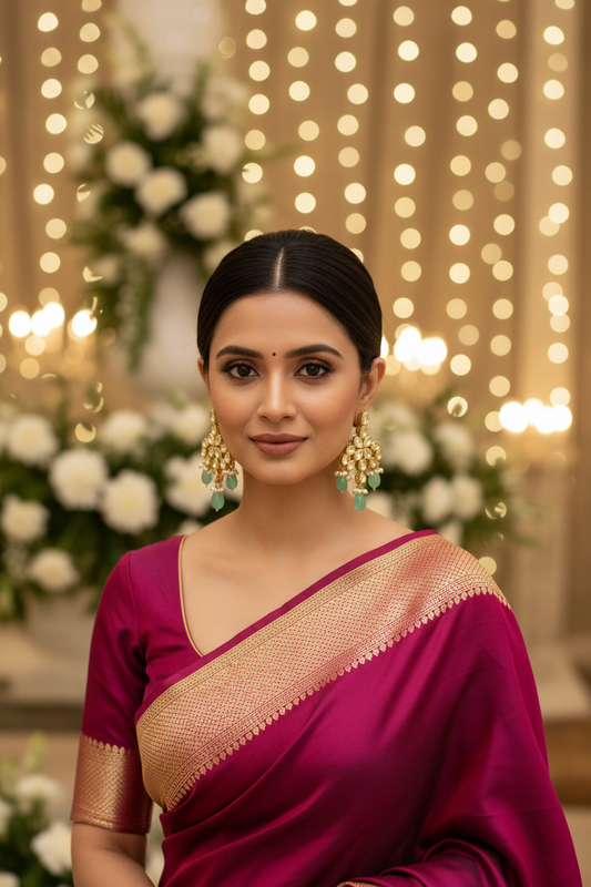 Mint Kundan Earrings - full model in fuchsia saree