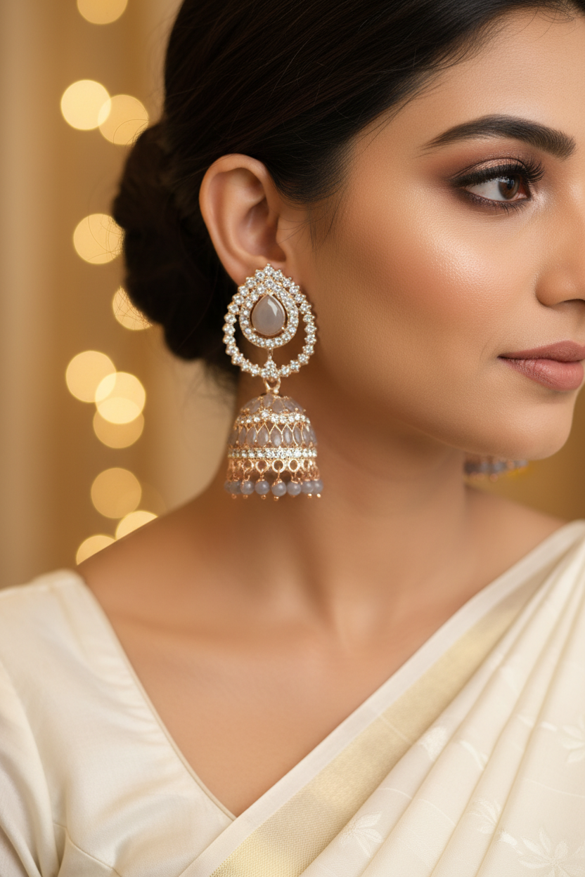 White Ivory Teardrop Crystal Jhumki Earrings - Model Bridal