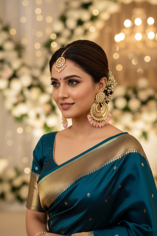 Light Pink Designer Chandbali Earrings - model in teal saree contrast