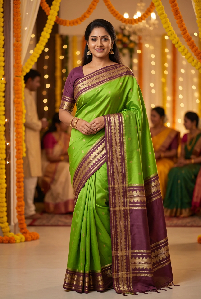 Model wearing parrot green and plum saree at a festive function