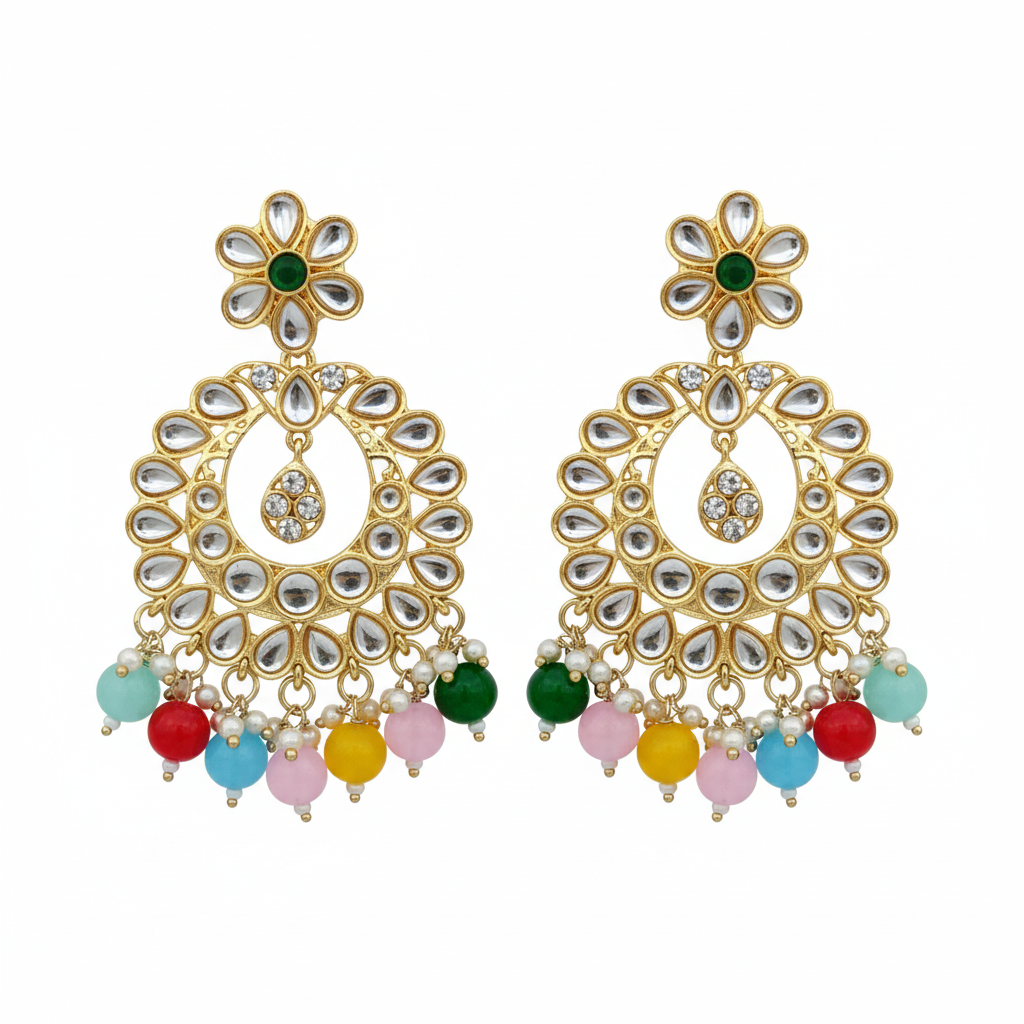 Multicolour Kundan Chandbali Earrings - White Background