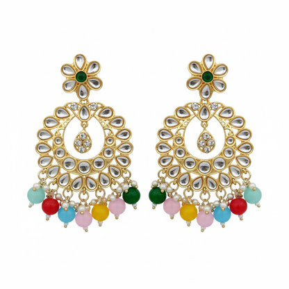 Multicolour Kundan Chandbali Earrings - White Background