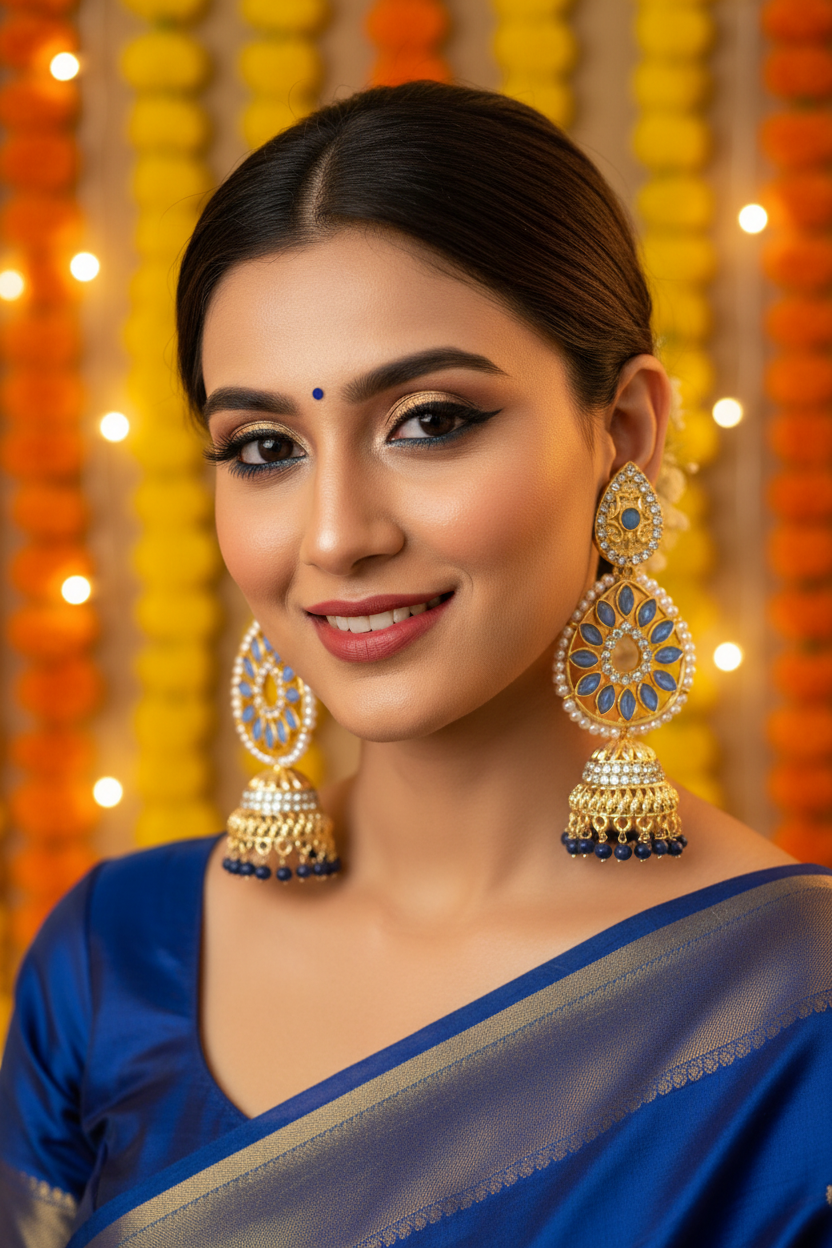 Blue Crystal Chandbali Jhumki Earrings - Model Festive