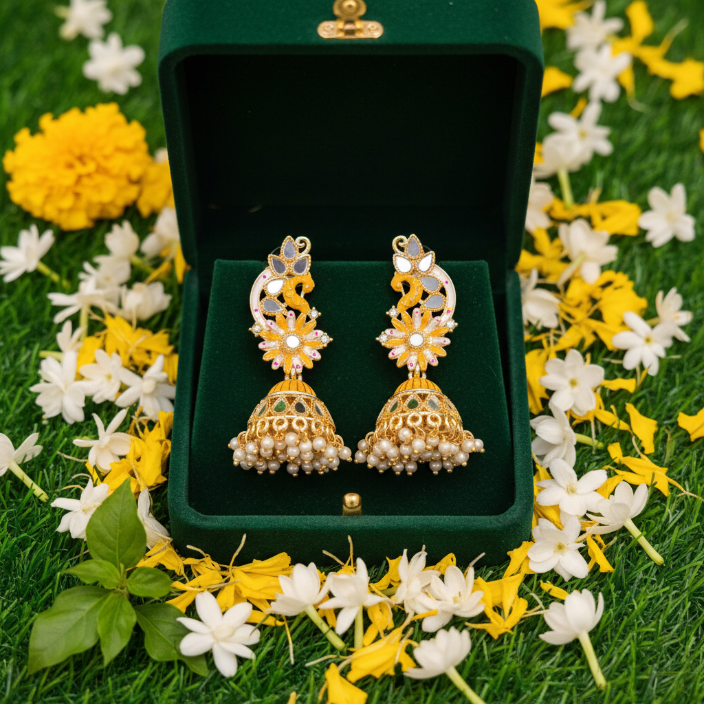 Yellow Meenakari Peacock Jhumki Earrings - Green Velvet Box
