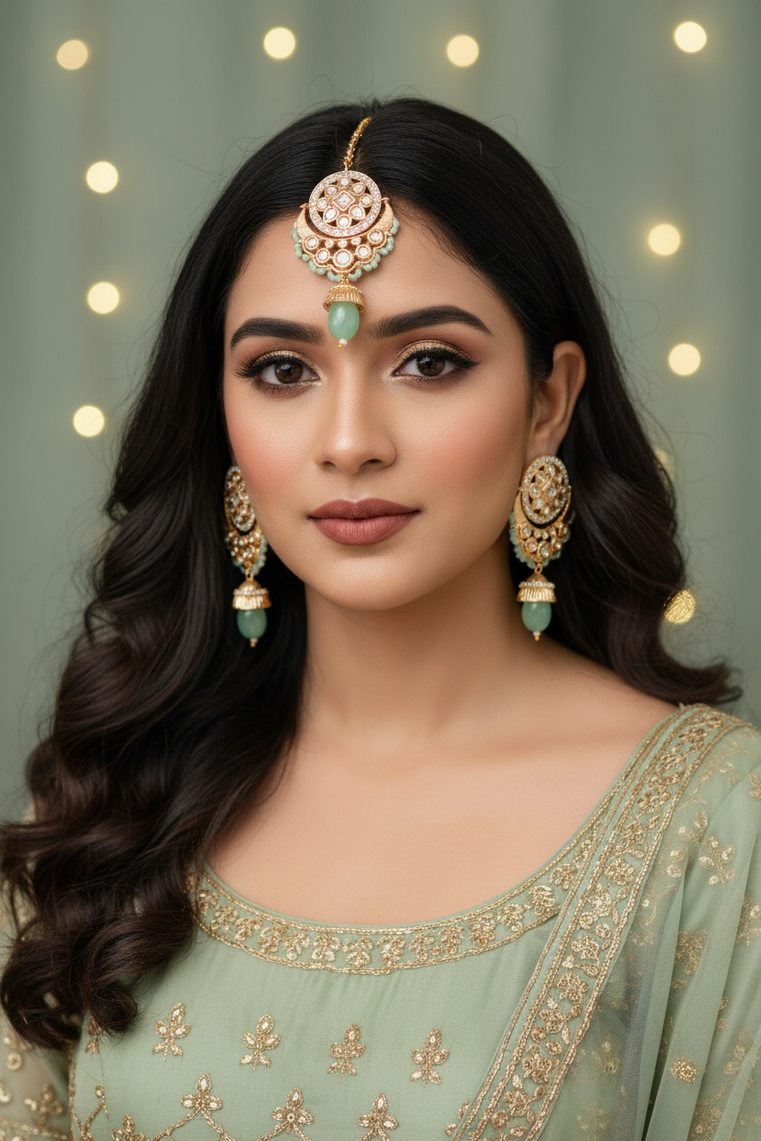 Sage Green Kundan Chandbali Set - Model