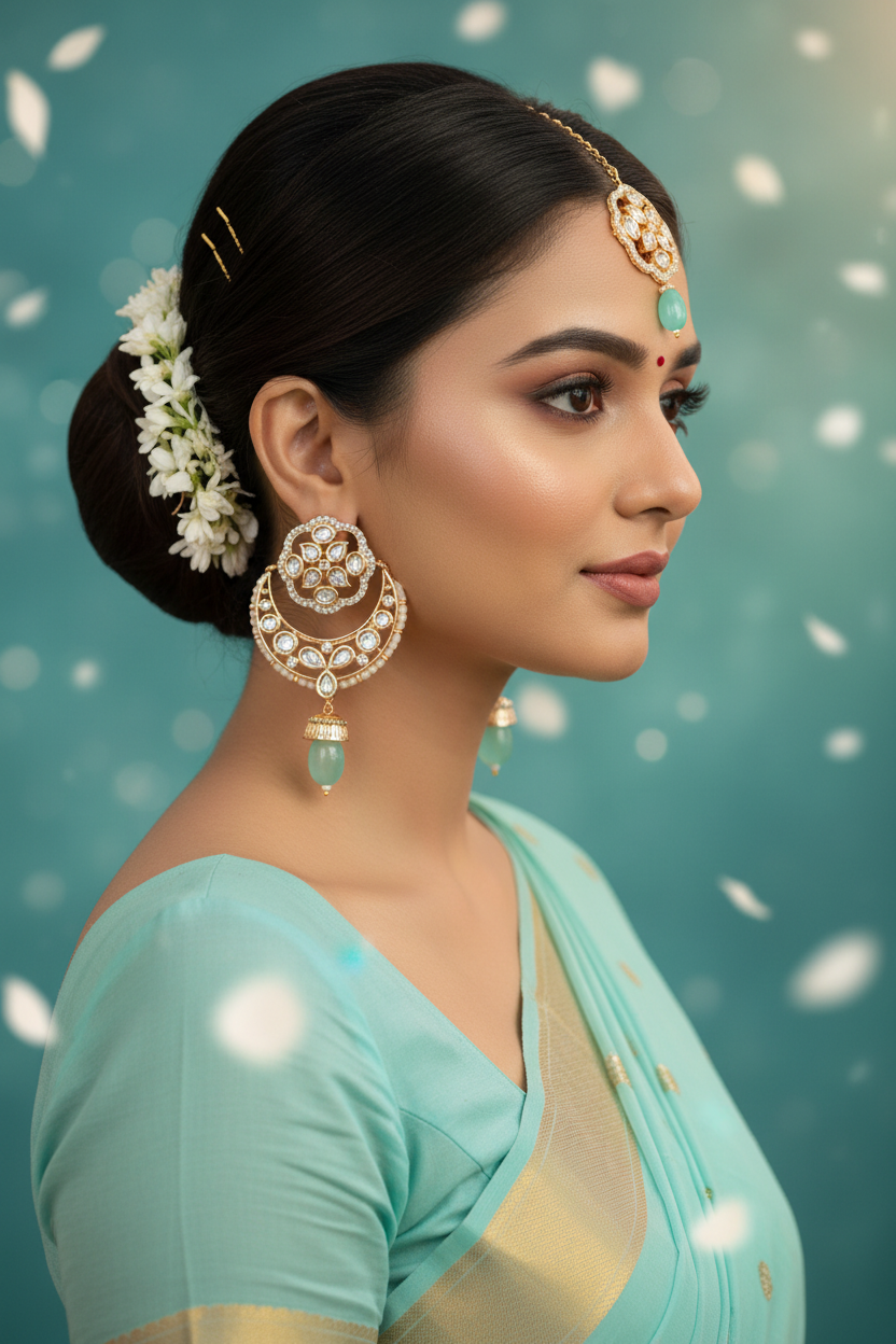 Aqua Blue Kundan Chandbali Set - Model