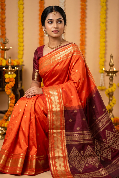 Model wearing the orange soft silk saree with gold zari temple border and dark maroon contrast pallu