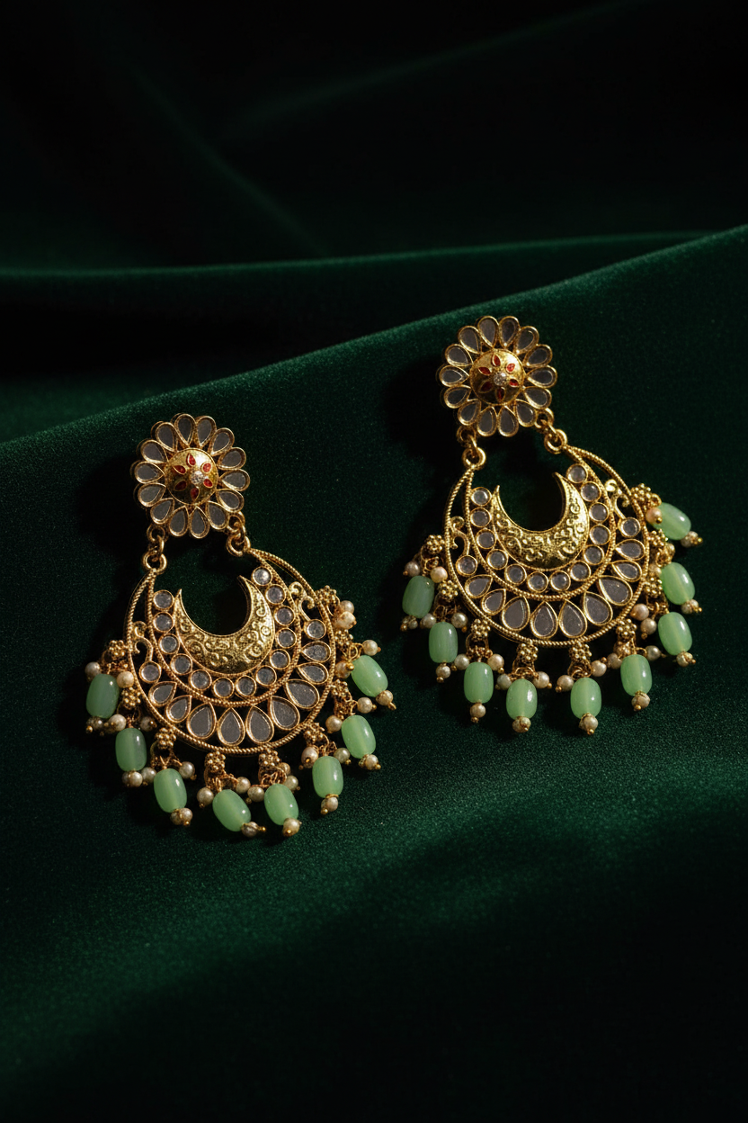 Mint Kundan Chandbali Earrings - editorial