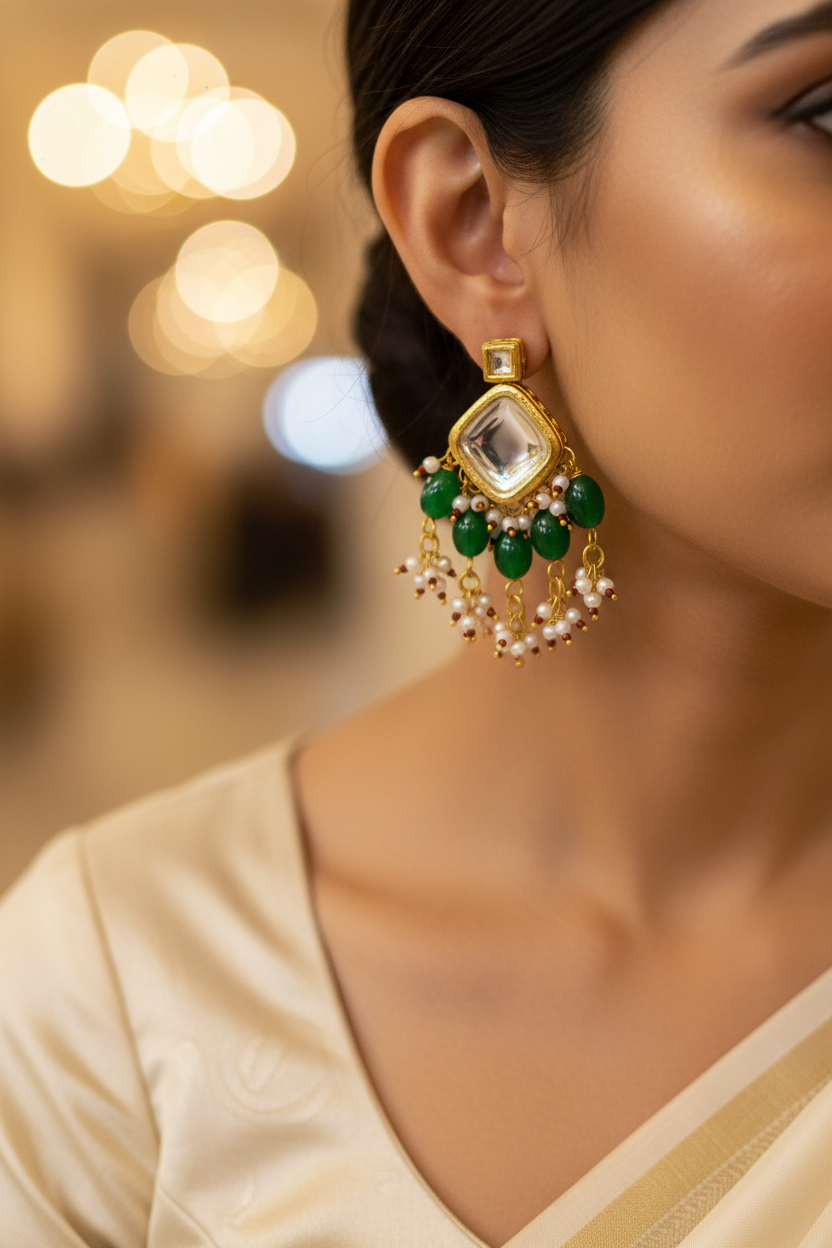 Emerald Designer Earrings - earring close-up on model