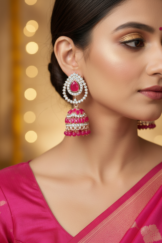 Hot Pink Ruby Teardrop Crystal Jhumki Earrings - Model Festive