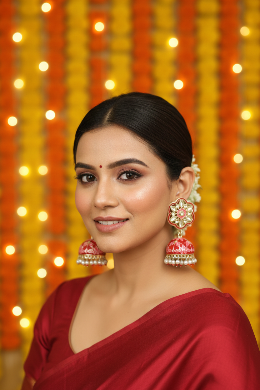 Red Meenakari Kundan Jhumki Earrings - Model Festive