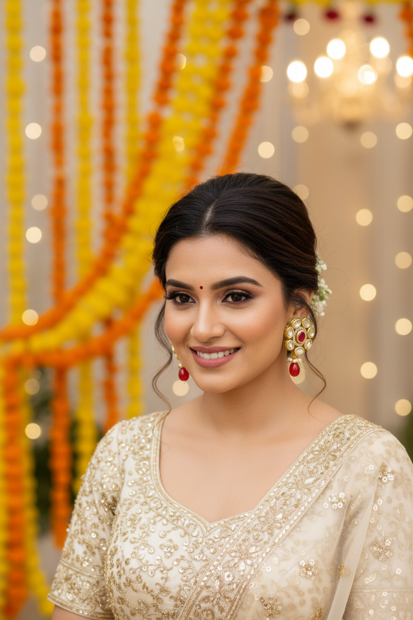 Red Kundan Studs - bridal model in ivory
