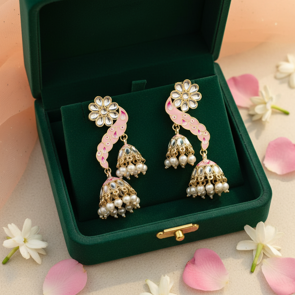 Pink Meenakari Peacock Triple Jhumki Earrings - Green Velvet Box