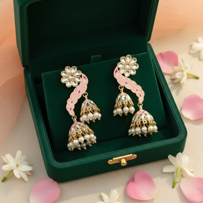 Pink Meenakari Peacock Triple Jhumki Earrings - Green Velvet Box