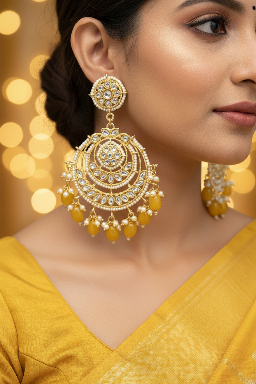 Yellow Pearl Kundan Chandbali Earrings - Model Festive