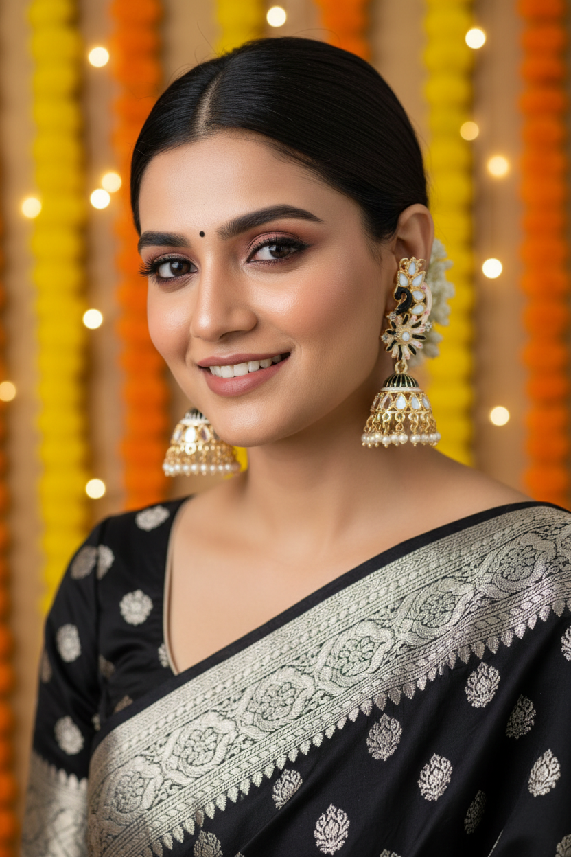 Black & White Meenakari Peacock Jhumki Earrings - Model Festive