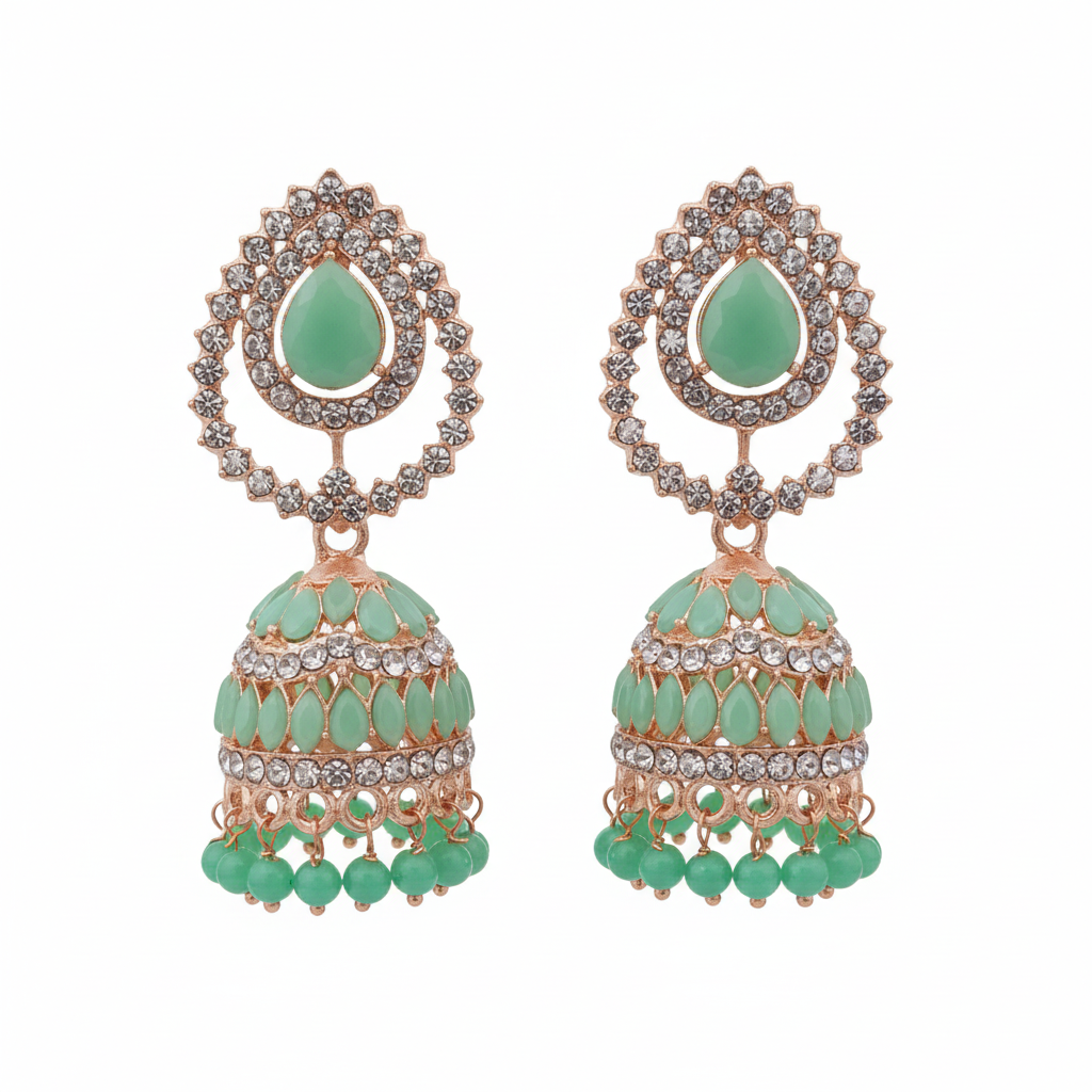 Mint Teardrop Crystal Jhumki Earrings - White Background