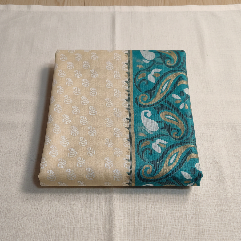 Beige Teal Kota Doria Saree - Flat Lay