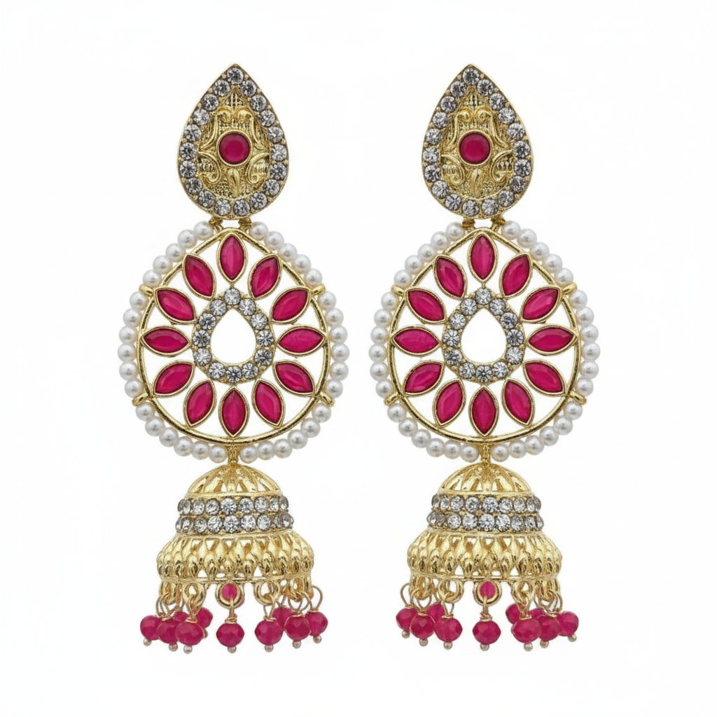 Pink Ruby Crystal Chandbali Jhumki Earrings - White Background