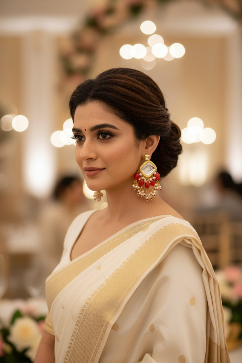 Red Designer Earrings - full model in ivory saree