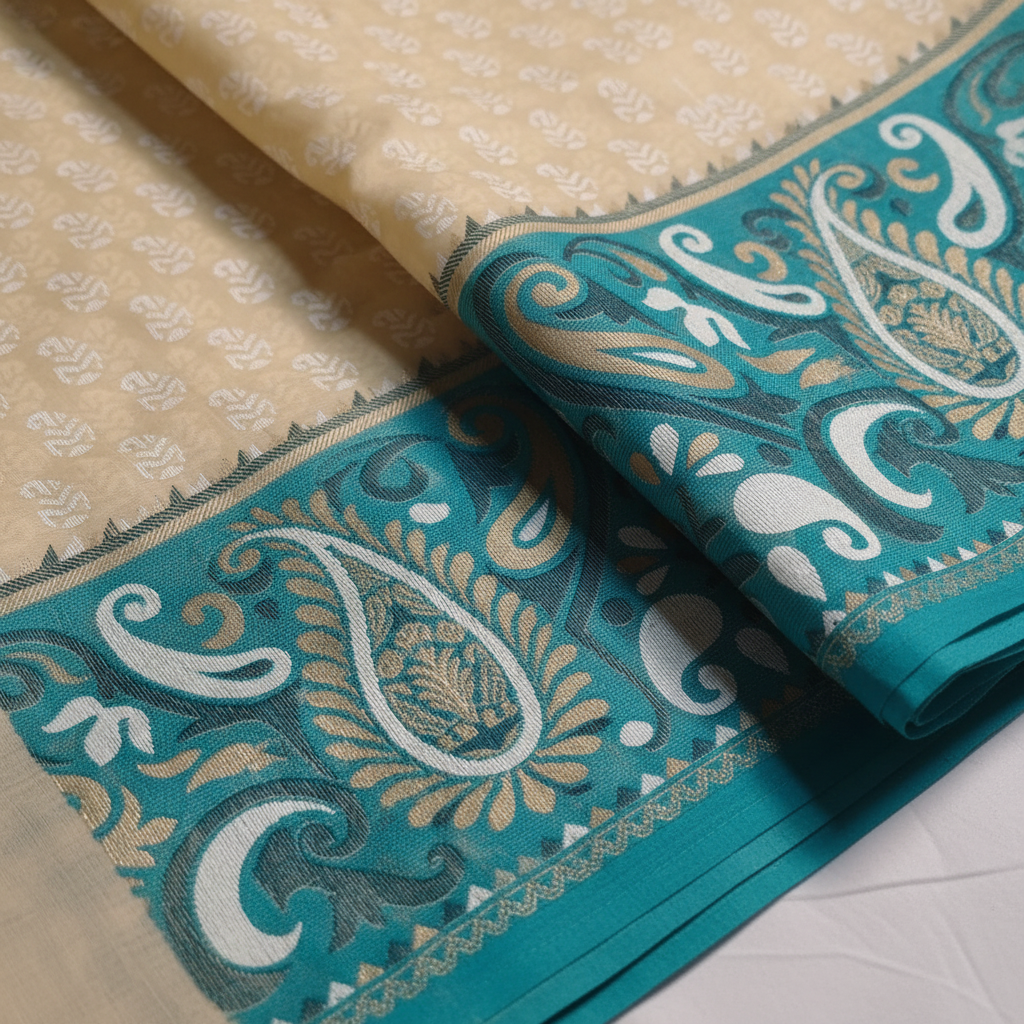 Beige Teal Kota Doria Saree - Border Detail
