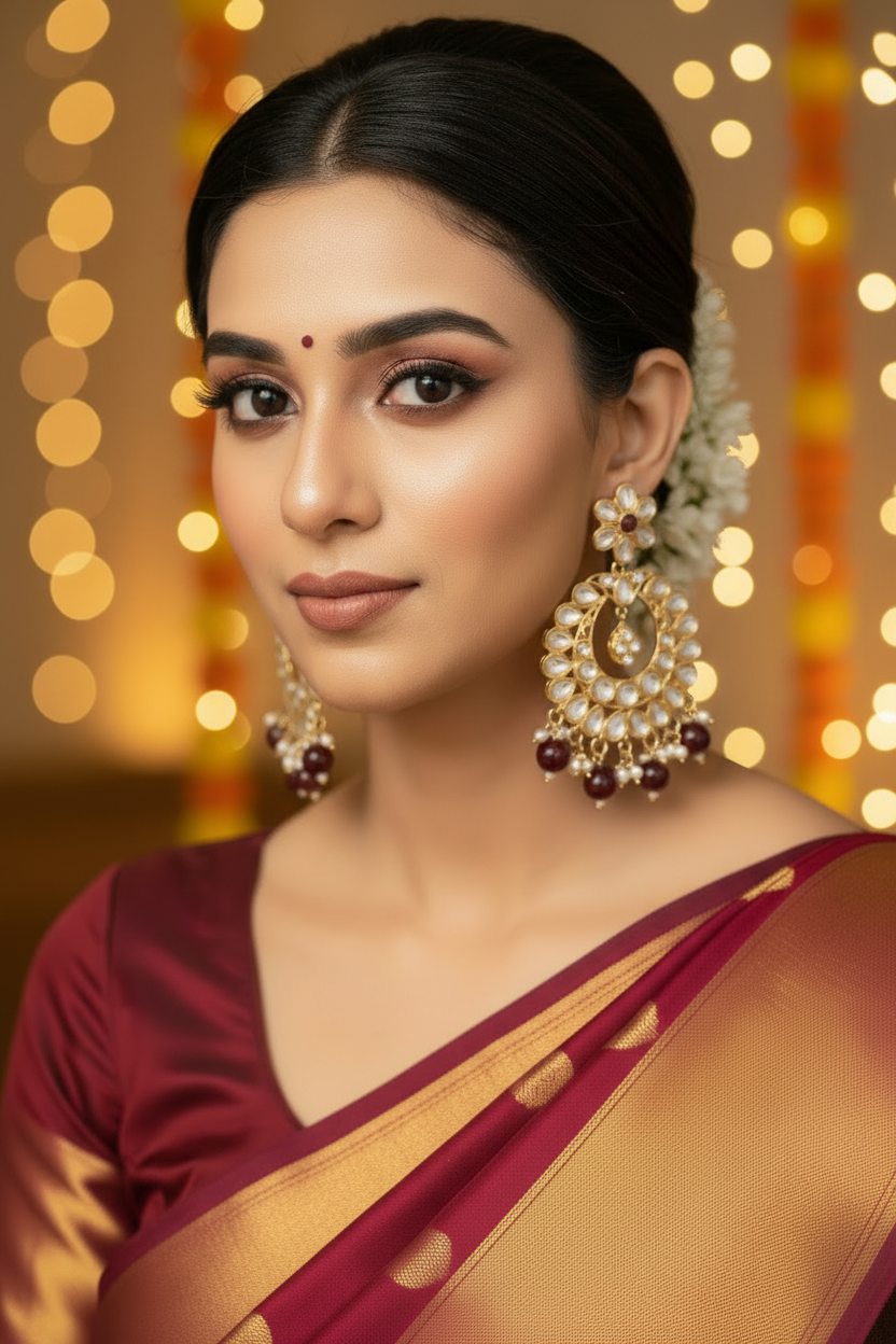Maroon Kundan Chandbali Earrings - Model Festive Party