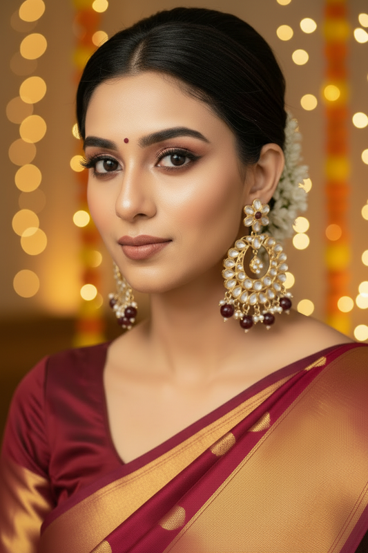 Maroon Kundan Chandbali Earrings - Model Festive Party