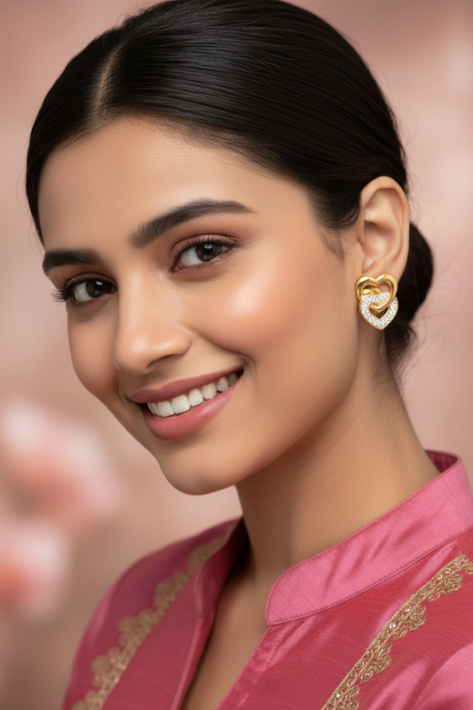 Gold American Diamond Double Heart Stud Earrings - Model