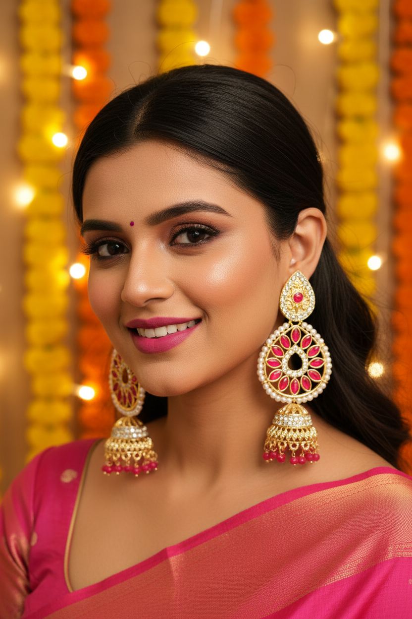 Pink Ruby Crystal Chandbali Jhumki Earrings - Model Festive