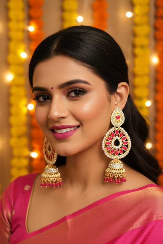 Pink Ruby Crystal Chandbali Jhumki Earrings - Model Festive
