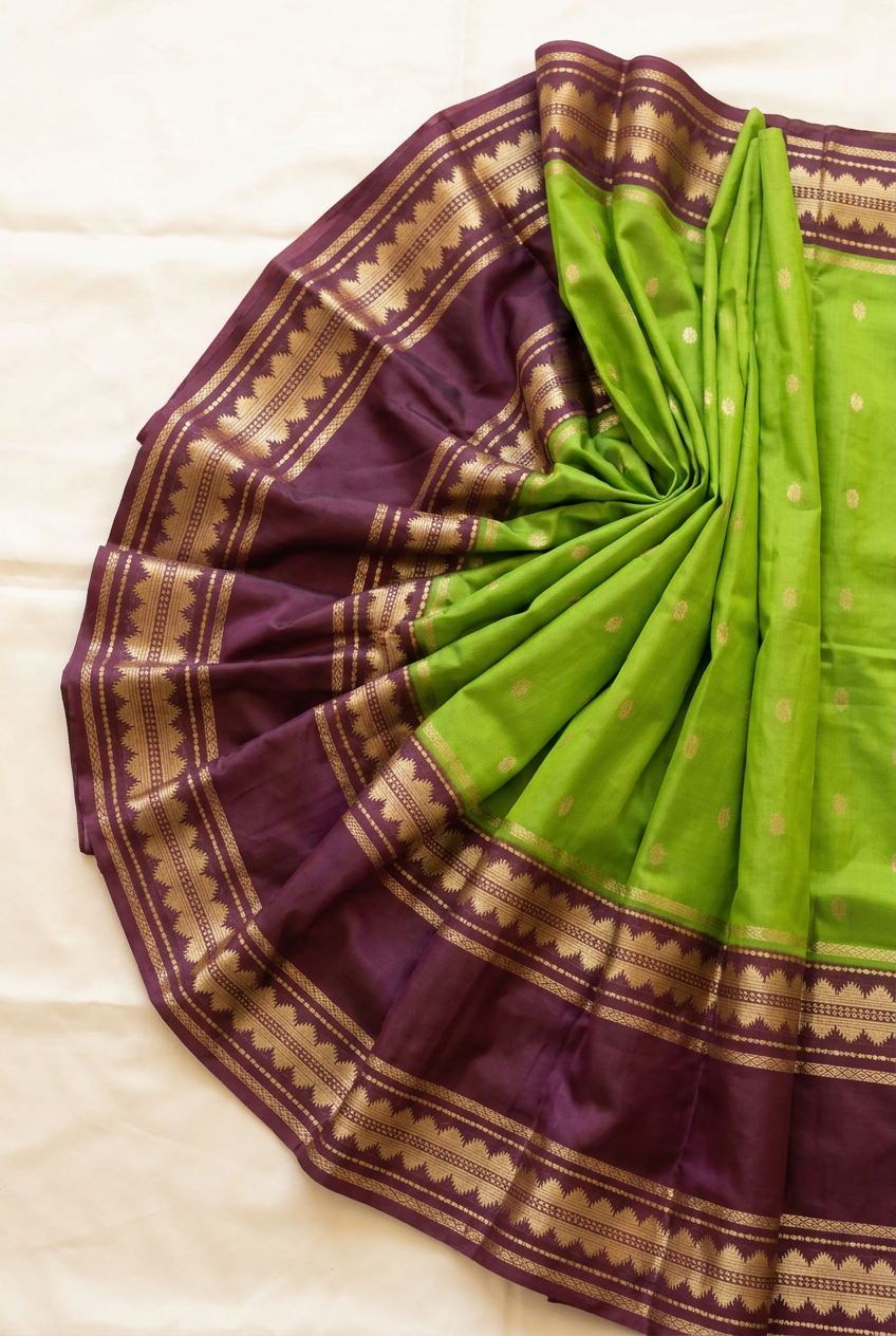 Bright detail of green saree fabric and plum gold-toned border