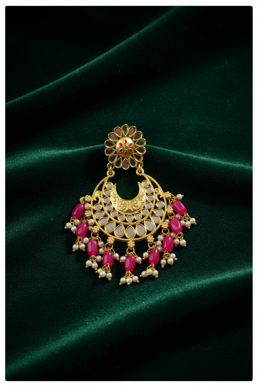 Pink Kundan Chandbali Earrings - editorial